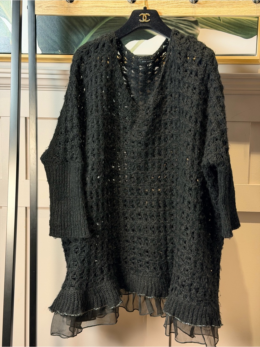 Qed London Black Pullover Crochet Sweater Oversized Ruffled Sides Semi Sheer